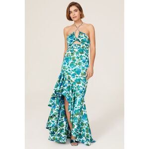 AMUR Edie High Low Tie Neck Halter Gown